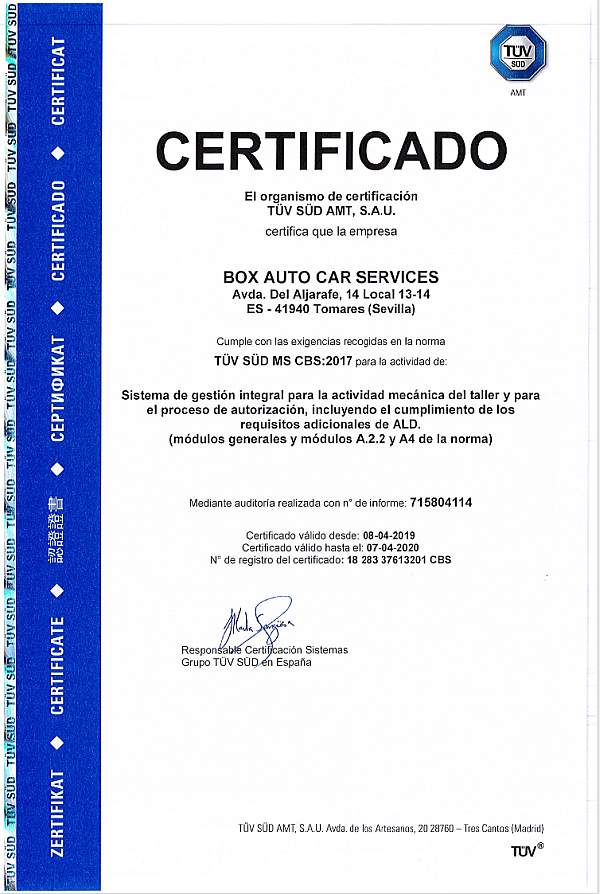 Certificado TUV SUD AMT. Sistema de gestión integral para la actividad mecánica de nuestro taller